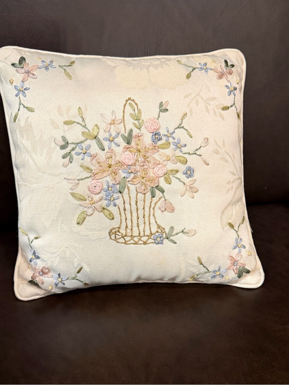 Vintage Embroidered Floral Basket Accent Pillow 8.5” Square Grandmillennial